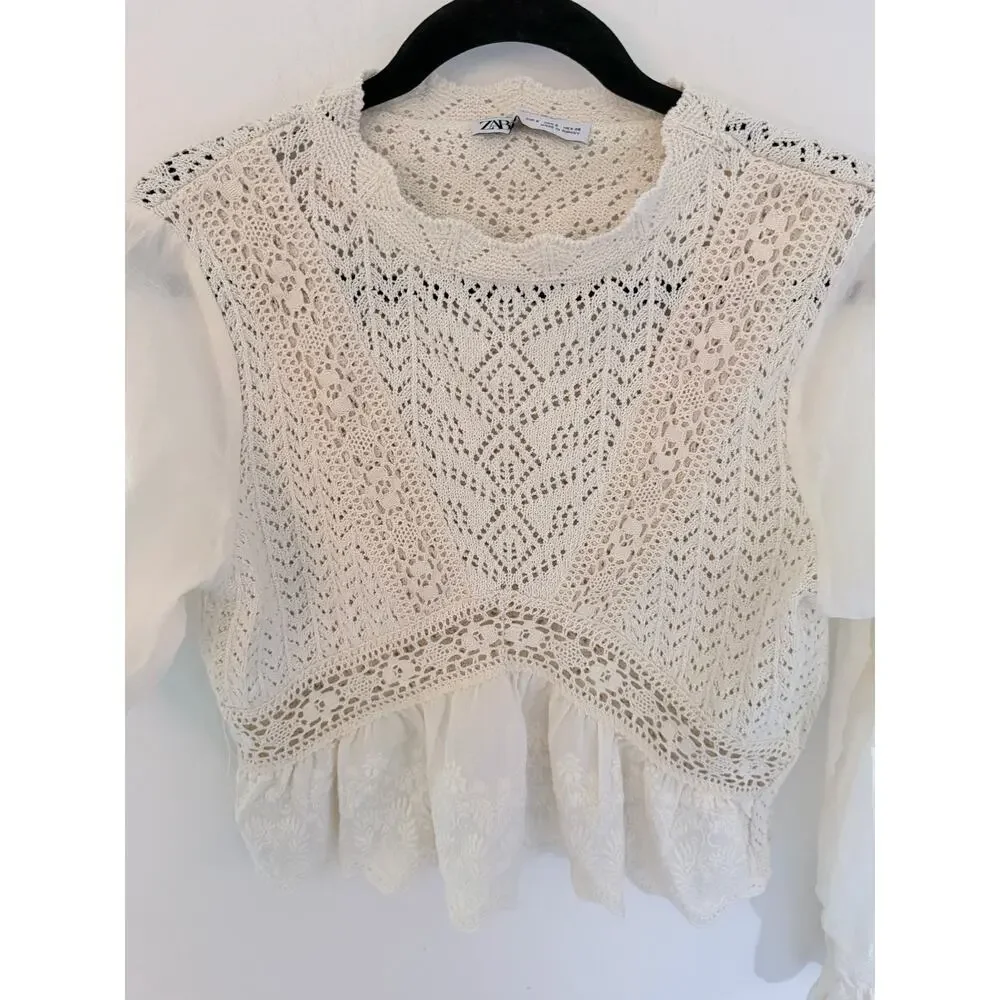 Zara Cream Knit Crochet Lace Scalloped Hem Long Sleeve Top-Size Small